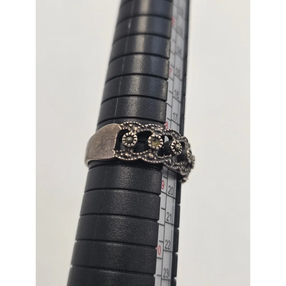 Vintage 925 Sterling Silver Marcasite Filigree Scalloped Band Ring Size 8.5